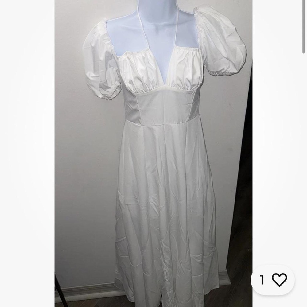 White Puff Sleeve Midi Dress Cottagecore Ruched Bust Halter Neck XS